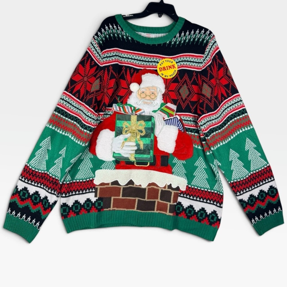 Holiday Time Santa Drink Pouch Ugly Christmas Sweater Mens XL Green Red NWT